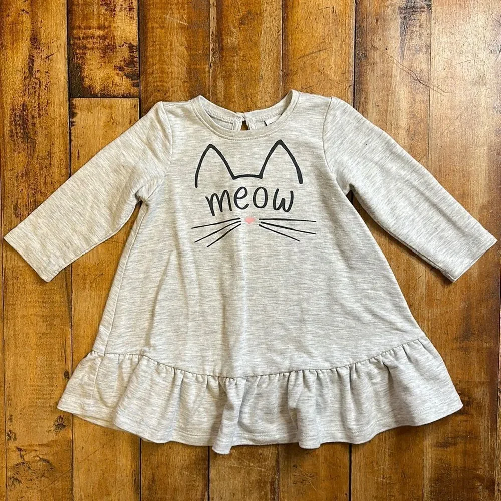 Old Navy dress 6 to 12 months long sleeve gray cat meow ruffle baby girl